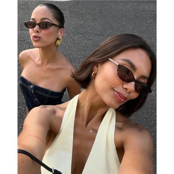 Retro Oval Cat Eye Sunglasses Women 90s Y2K Small Slim UV Protection Shades - Picture 6 of 7